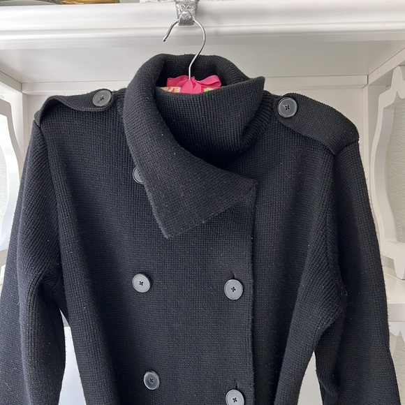 Vince Milano Knit Trench Coat Double Breasted Wool Blend Sweater Black M - Picture 4 of 7